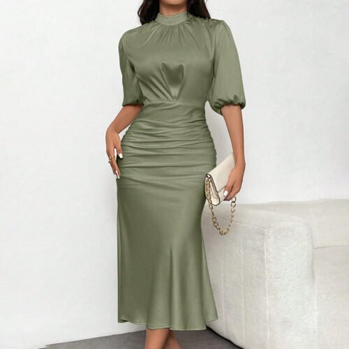 Mock Neck Ruched Midi Dress Mock Neck Ruched Midi Dress