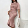 Mock Neck Ruched Midi Dress