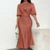 Mock Neck Ruched Midi Dress